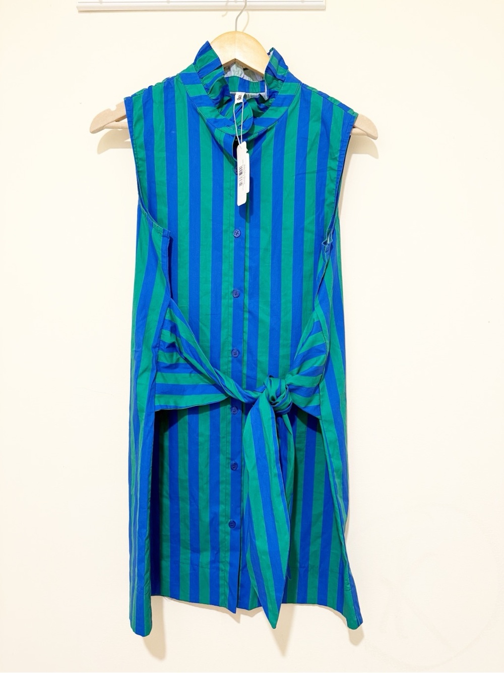 glam Blue and Green Striped Sleeveless Tie-Front Mini Dress